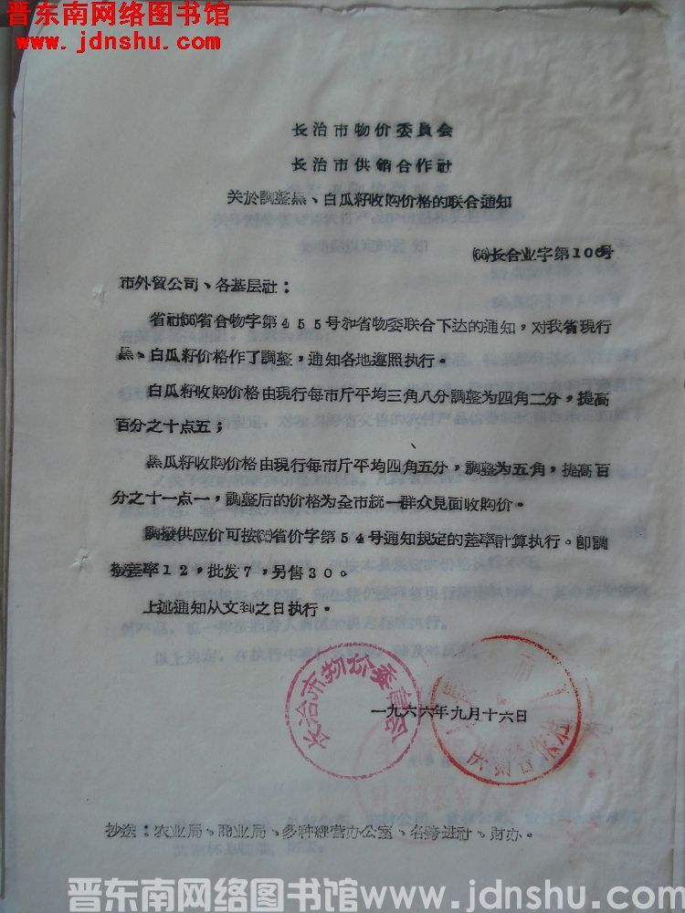 长治市物价委员会、长治市供销合作社关于调整黑、白瓜籽收购价格的联合通知（66）长合业字第100号