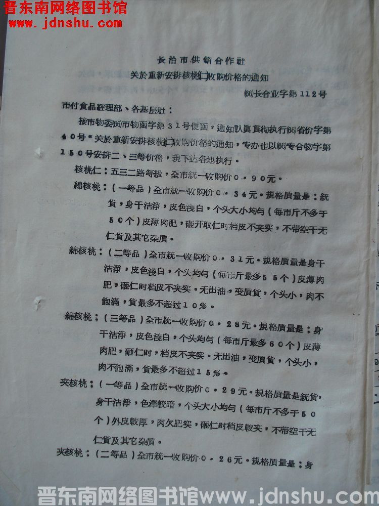 长治市供销合作社关于重新安排核桃（仁）收购价格的通知（66）长合业字第112号