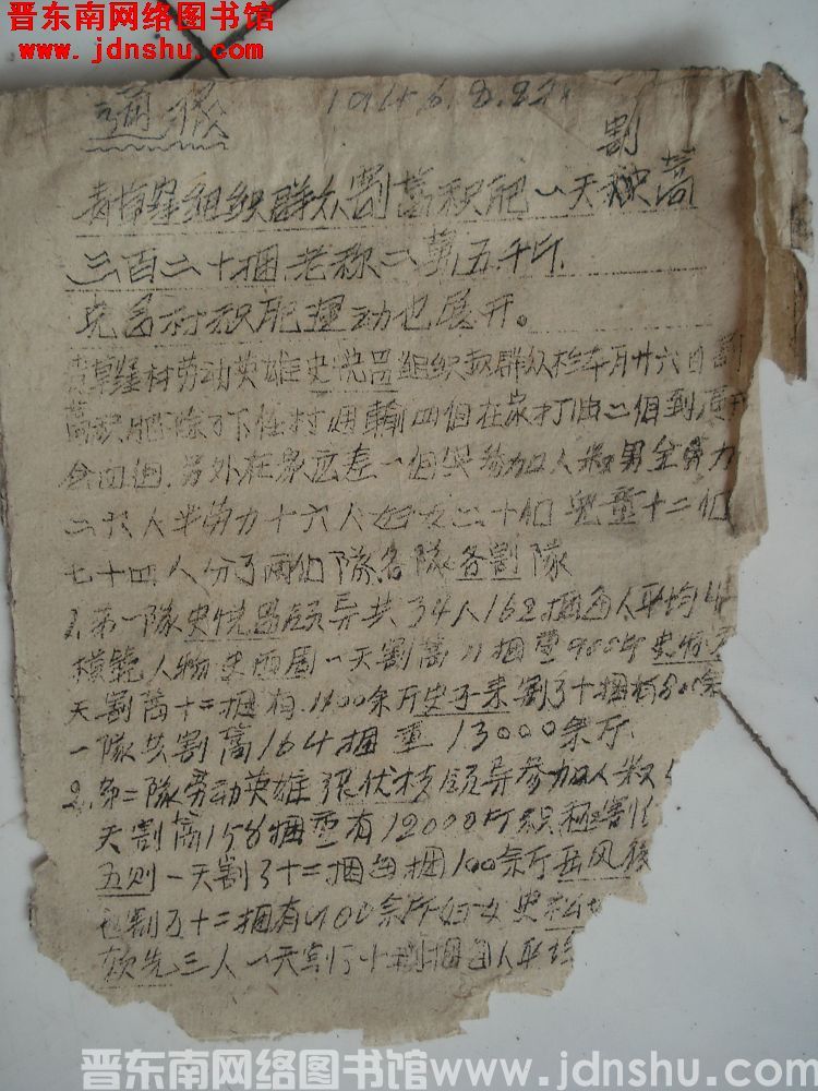 通报（19460827）：青草凹组织群众割蒿积肥，一天割蒿三百二十捆，老称二万五千斤，克昌村积肥运动