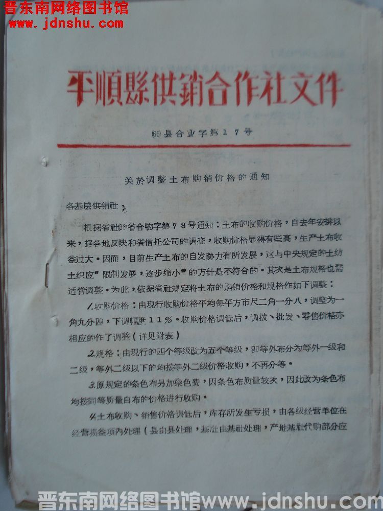 平顺县供销合作社文件（66）县合业字第17号：关于调整土布购销价格的通知