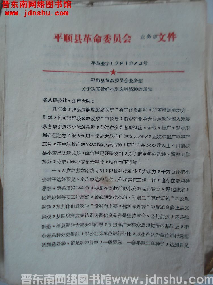 平顺县革命委员会业务组文件 平革业字（74）第12号：平顺县革命委员会业务组关于认真做好小麦选种留种