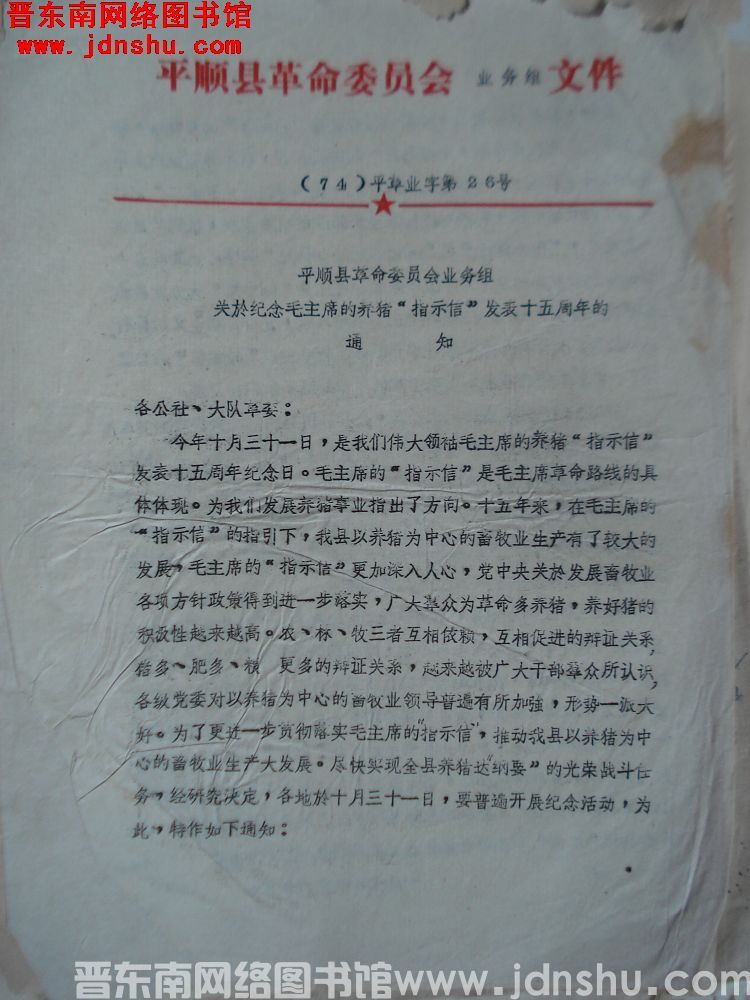 平顺县革命委员会业务组文件 （74）平革业字第26号：平顺县革命委员会业务组关于纪念毛主席的养猪“指