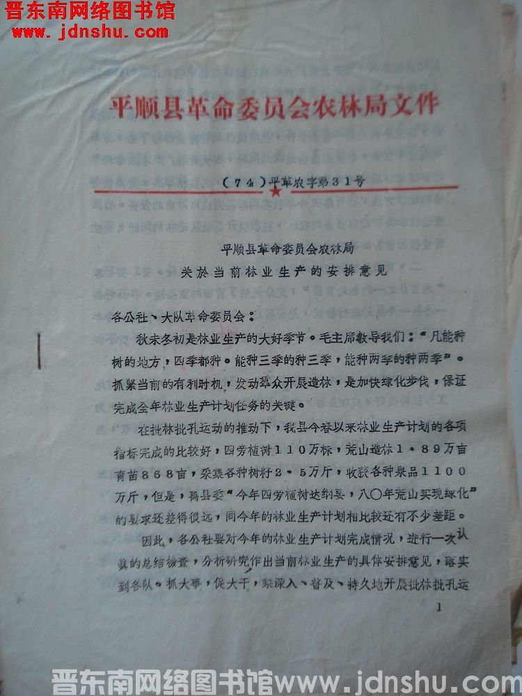 平顺县革命委员会农林局文件 （74）平革农字第31号：平顺县革命委员会农林局关于当前林业生产的安排意