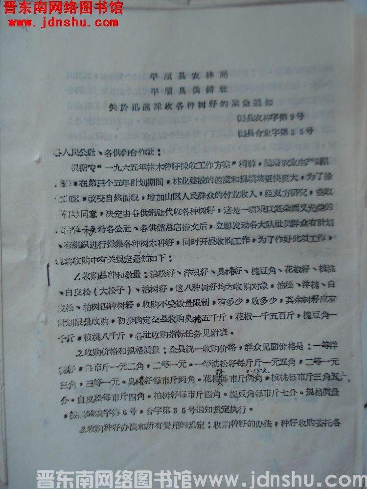 平顺县农林局、平顺县供销社关于迅速采收各种树籽的紧急通知（65）县农林字第9号、（65）县合业字第3