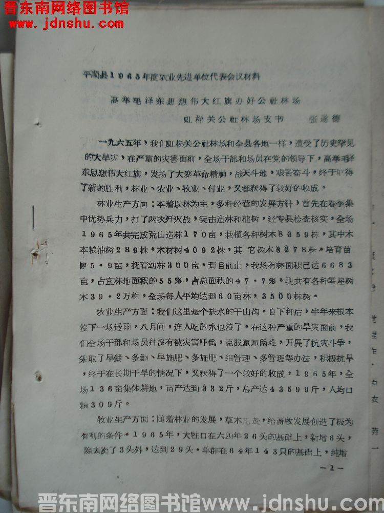 平顺县1965年度农业生产先进集体单位代表会议材料：高举毛泽东思想伟大红旗办好公社林场