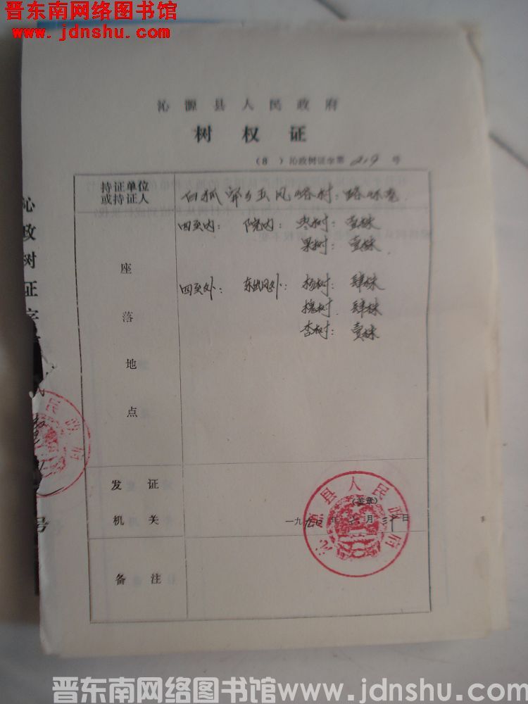 沁源县人民政府树权证（19900630）沁政树证第219号